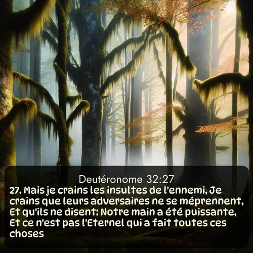 Segond Deutéronome  ; image nature: image avec le verset biblique :Mais je crains les insultes de l&#039;ennemi, Je crains que leurs adversaires ne se méprennent, Et qu&#039;ils ne disent: Notre main a été puissante, Et ce n&#039;est pas l&#039;Eternel qui a fait toutes ces choses. ;  ; 32:27