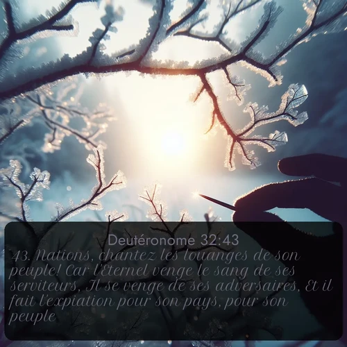 Segond Deutéronome  ; image nature: image avec le verset biblique :Nations, chantez les louanges de son peuple! Car l&#039;Eternel venge le sang de ses serviteurs, Il se venge de ses adversaires, Et il fait l&#039;expiation pour son pays, pour son peuple. ;  ; 32:43