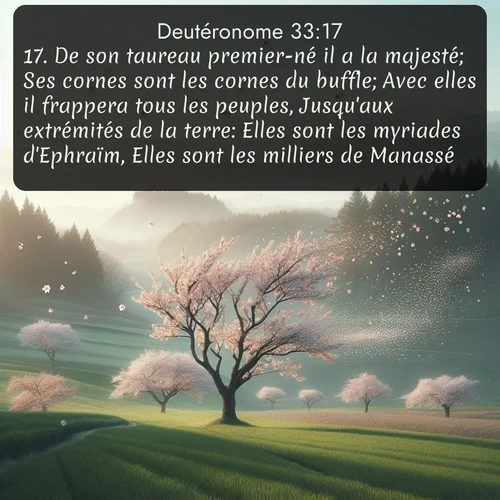 Segond Deutéronome  ; image nature: image avec le verset biblique :De son taureau premier-né il a la majesté; Ses cornes sont les cornes du buffle; Avec elles il frappera tous les peuples, Jusqu&#039;aux extrémités de la terre: Elles sont les myriades d&#039;Ephraïm, Elles sont les milliers de Manassé. ;  ; 33:17