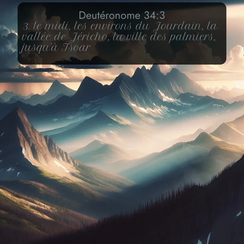 Segond Deutéronome  ; image nature: image avec le verset biblique :le midi, les environs du Jourdain, la vallée de Jéricho, la ville des palmiers, jusqu&#039;à Tsoar. ;  ; 34:3