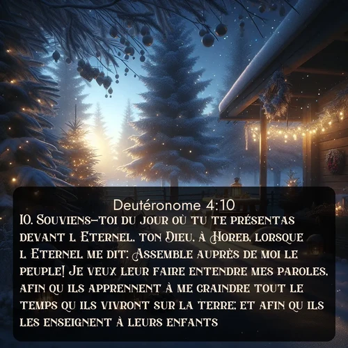 Segond Deutéronome  ; image nature: image avec le verset biblique :Souviens-toi du jour où tu te présentas devant l&#039;Eternel, ton Dieu, à Horeb, lorsque l&#039;Eternel me dit: Assemble auprès de moi le peuple! Je veux leur faire entendre mes paroles, afin qu&#039;ils apprennent à me craindre tout le temps qu&#039;ils vivront sur la terre; et afin qu&#039;ils les enseignent à leurs enfants. ;  ; 4:10