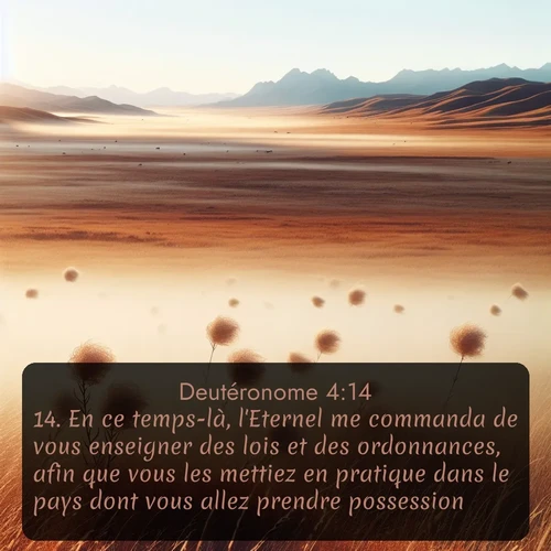 Segond Deutéronome  ; image nature: image avec le verset biblique :En ce temps-là, l&#039;Eternel me commanda de vous enseigner des lois et des ordonnances, afin que vous les mettiez en pratique dans le pays dont vous allez prendre possession. ;  ; 4:14