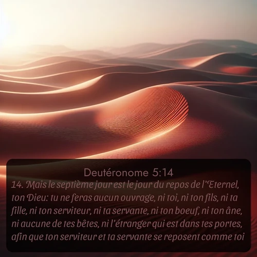 Segond Deutéronome  ; image nature: image avec le verset biblique :Mais le septième jour est le jour du repos de l&#039;Eternel, ton Dieu: tu ne feras aucun ouvrage, ni toi, ni ton fils, ni ta fille, ni ton serviteur, ni ta servante, ni ton boeuf, ni ton âne, ni aucune de tes bêtes, ni l&#039;étranger qui est dans tes portes, afin que ton serviteur et ta servante se reposent comme toi. ;  ; 5:14