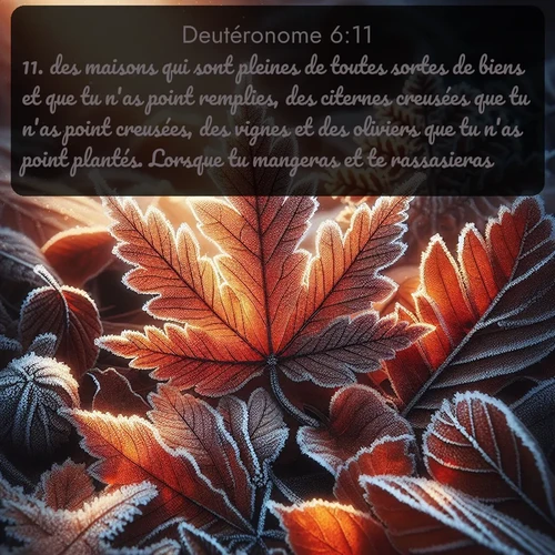Segond Deutéronome  ; image nature: image avec le verset biblique :des maisons qui sont pleines de toutes sortes de biens et que tu n&#039;as point remplies, des citernes creusées que tu n&#039;as point creusées, des vignes et des oliviers que tu n&#039;as point plantés. Lorsque tu mangeras et te rassasieras, ;  ; 6:11