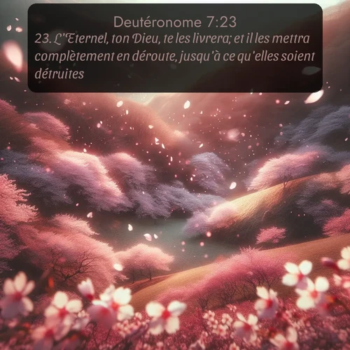 Segond Deutéronome  ; image nature: image avec le verset biblique :L&#039;Eternel, ton Dieu, te les livrera; et il les mettra complètement en déroute, jusqu&#039;à ce qu&#039;elles soient détruites. ;  ; 7:23