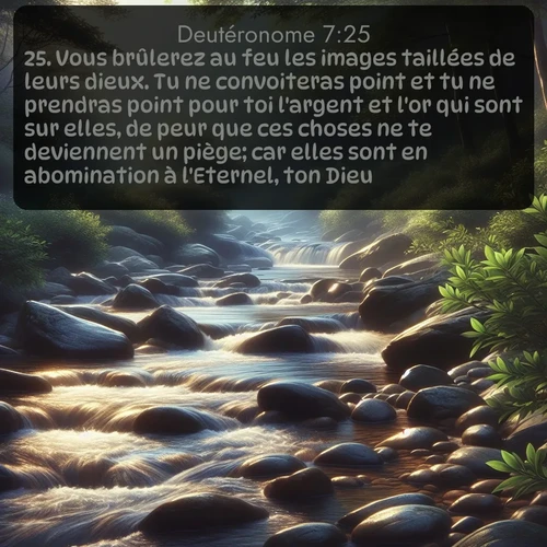 Segond Deutéronome  ; image nature: image avec le verset biblique :Vous brûlerez au feu les images taillées de leurs dieux. Tu ne convoiteras point et tu ne prendras point pour toi l&#039;argent et l&#039;or qui sont sur elles, de peur que ces choses ne te deviennent un piège; car elles sont en abomination à l&#039;Eternel, ton Dieu. ;  ; 7:25