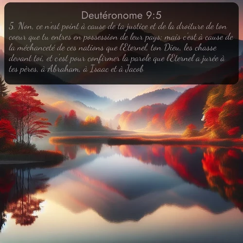 Segond Deutéronome  ; image nature: image avec le verset biblique :Non, ce n&#039;est point à cause de ta justice et de la droiture de ton coeur que tu entres en possession de leur pays; mais c&#039;est à cause de la méchanceté de ces nations que l&#039;Eternel, ton Dieu, les chasse devant toi, et c&#039;est pour confirmer la parole que l&#039;Eternel a jurée à tes pères, à Abraham, à Isaac et à Jacob. ;  ; 9:5