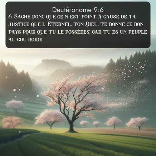 Segond Deutéronome  ; image nature: image avec le verset biblique :Sache donc que ce n&#039;est point à cause de ta justice que l&#039;Eternel, ton Dieu, te donne ce bon pays pour que tu le possèdes; car tu es un peuple au cou roide. ;  ; 9:6
