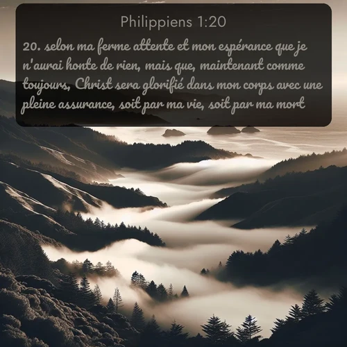 Segond Philippiens  ; image nature: image avec le verset biblique :selon ma ferme attente et mon espérance que je n&#039;aurai honte de rien, mais que, maintenant comme toujours, Christ sera glorifié dans mon corps avec une pleine assurance, soit par ma vie, soit par ma mort; ;  ; 1:20