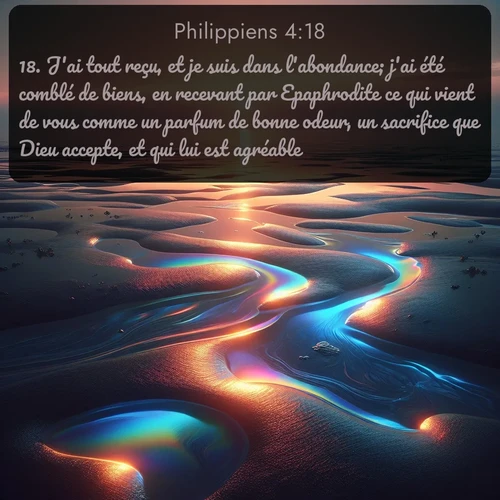 Segond Philippiens  ; image nature: image avec le verset biblique :J&#039;ai tout reçu, et je suis dans l&#039;abondance; j&#039;ai été comblé de biens, en recevant par Epaphrodite ce qui vient de vous comme un parfum de bonne odeur, un sacrifice que Dieu accepte, et qui lui est agréable. ;  ; 4:18