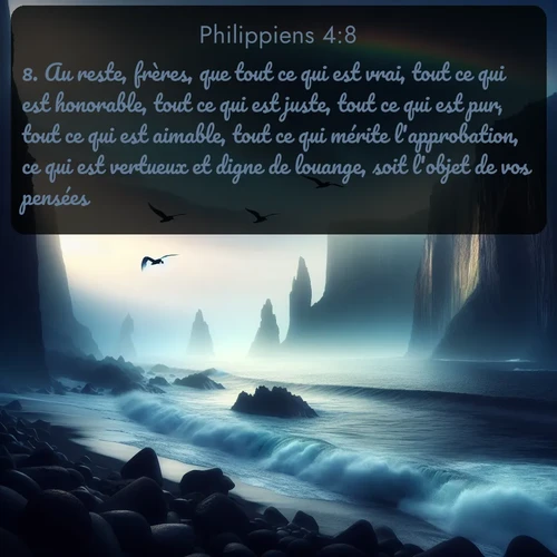 Segond Philippiens  ; image nature: image avec le verset biblique :Au reste, frères, que tout ce qui est vrai, tout ce qui est honorable, tout ce qui est juste, tout ce qui est pur, tout ce qui est aimable, tout ce qui mérite l&#039;approbation, ce qui est vertueux et digne de louange, soit l&#039;objet de vos pensées. ;  ; 4:8