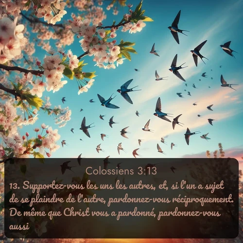 Segond Colossiens  ; image nature: image avec le verset biblique :Supportez-vous les uns les autres, et, si l&#039;un a sujet de se plaindre de l&#039;autre, pardonnez-vous réciproquement. De même que Christ vous a pardonné, pardonnez-vous aussi. ;  ; 3:13