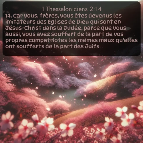 Segond 1 Thessaloniciens  ; image nature: image avec le verset biblique :Car vous, frères, vous êtes devenus les imitateurs des Eglises de Dieu qui sont en Jésus-Christ dans la Judée, parce que vous aussi, vous avez souffert de la part de vos propres compatriotes les mêmes maux qu&#039;elles ont soufferts de la part des Juifs. ;  ; 2:14