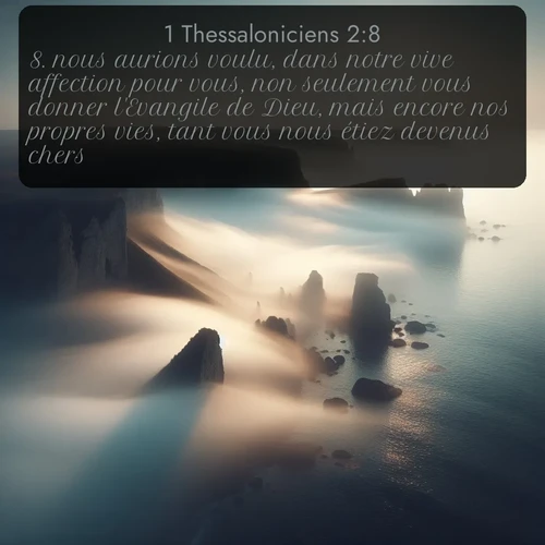 Segond 1 Thessaloniciens  ; image nature: image avec le verset biblique :nous aurions voulu, dans notre vive affection pour vous, non seulement vous donner l&#039;Evangile de Dieu, mais encore nos propres vies, tant vous nous étiez devenus chers. ;  ; 2:8