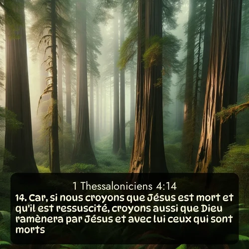 Segond 1 Thessaloniciens  ; image nature: image avec le verset biblique :Car, si nous croyons que Jésus est mort et qu&#039;il est ressuscité, croyons aussi que Dieu ramènera par Jésus et avec lui ceux qui sont morts. ;  ; 4:14