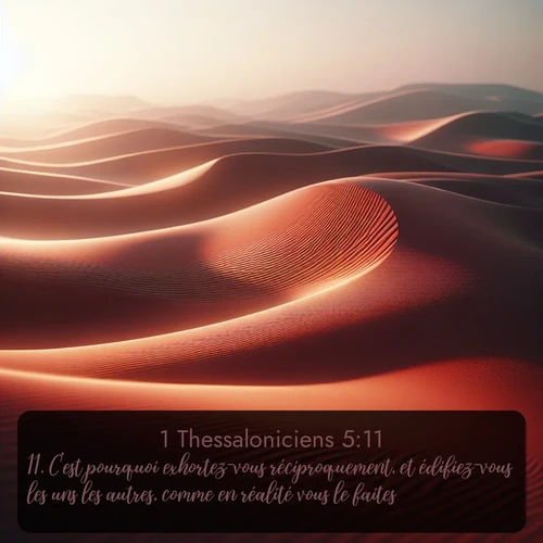Le vent du désert sculpte des motifs abstraits dans le sable rouge. Avec le verset biblique : 11. C'est pourquoi exhortez-vous réciproquement, et édifiez-vous les uns les autres, comme en réalité vous le faites.
 qui invite les personnes à venir à l'église Renens AB pour le culte de Dimanche