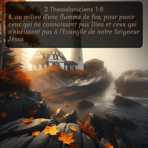 Segond 2 Thessaloniciens  ; image nature: image avec le verset biblique :au milieu d&#039;une flamme de feu, pour punir ceux qui ne connaissent pas Dieu et ceux qui n&#039;obéissent pas à l&#039;Evangile de notre Seigneur Jésus. ;  ; 1:8