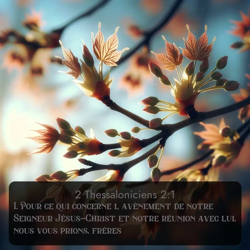 Segond 2 Thessaloniciens  ; image nature: image avec le verset biblique :Pour ce qui concerne l&#039;avènement de notre Seigneur Jésus-Christ et notre réunion avec lui, nous vous prions, frères, ;  ; 2:1