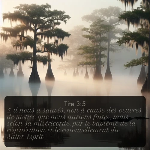 Segond Tite  ; image nature: image avec le verset biblique :il nous a sauvés, non à cause des oeuvres de justice que nous aurions faites, mais selon sa miséricorde, par le baptême de la régénération et le renouvellement du Saint-Esprit, ;  ; 3:5