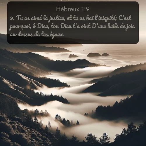 Segond Hébreux  ; image nature: image avec le verset biblique :Tu as aimé la justice, et tu as haï l&#039;iniquité; C&#039;est pourquoi, ô Dieu, ton Dieu t&#039;a oint D&#039;une huile de joie au-dessus de tes égaux. ;  ; 1:9