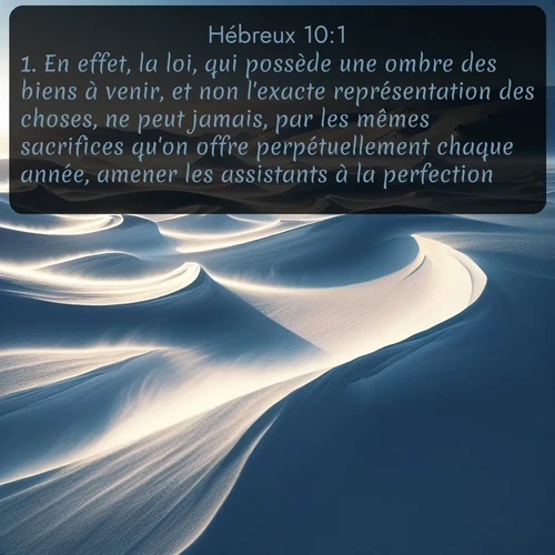 Segond Hébreux  ; image nature: image avec le verset biblique :En effet, la loi, qui possède une ombre des biens à venir, et non l&#039;exacte représentation des choses, ne peut jamais, par les mêmes sacrifices qu&#039;on offre perpétuellement chaque année, amener les assistants à la perfection. ;  ; 10:1