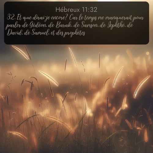 Segond Hébreux  ; image nature: image avec le verset biblique :Et que dirai-je encore? Car le temps me manquerait pour parler de Gédéon, de Barak, de Samson, de Jephthé, de David, de Samuel, et des prophètes, ;  ; 11:32