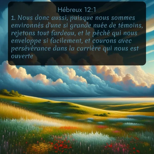 Segond Hébreux  ; image nature: image avec le verset biblique :Nous donc aussi, puisque nous sommes environnés d&#039;une si grande nuée de témoins, rejetons tout fardeau, et le péché qui nous enveloppe si facilement, et courons avec persévérance dans la carrière qui nous est ouverte, ;  ; 12:1