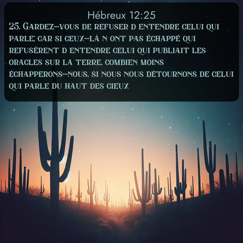 Segond Hébreux  ; image nature: image avec le verset biblique :Gardez-vous de refuser d&#039;entendre celui qui parle; car si ceux-là n&#039;ont pas échappé qui refusèrent d&#039;entendre celui qui publiait les oracles sur la terre, combien moins échapperons-nous, si nous nous détournons de celui qui parle du haut des cieux, ;  ; 12:25