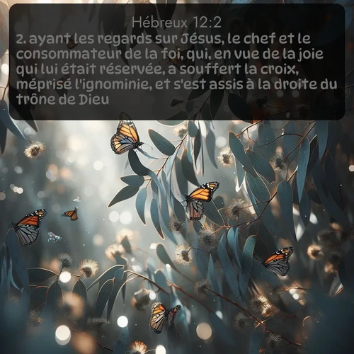 Segond Hébreux  ; image nature: image avec le verset biblique :ayant les regards sur Jésus, le chef et le consommateur de la foi, qui, en vue de la joie qui lui était réservée, a souffert la croix, méprisé l&#039;ignominie, et s&#039;est assis à la droite du trône de Dieu. ;  ; 12:2