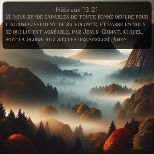 Segond Hébreux  ; image nature: image avec le verset biblique :vous rende capables de toute bonne oeuvre pour l&#039;accomplissement de sa volonté, et fasse en vous ce qui lui est agréable, par Jésus-Christ, auquel soit la gloire aux siècles des siècles! Amen! ;  ; 13:21