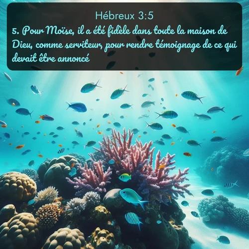 Segond Hébreux  ; image nature: image avec le verset biblique :Pour Moïse, il a été fidèle dans toute la maison de Dieu, comme serviteur, pour rendre témoignage de ce qui devait être annoncé; ;  ; 3:5
