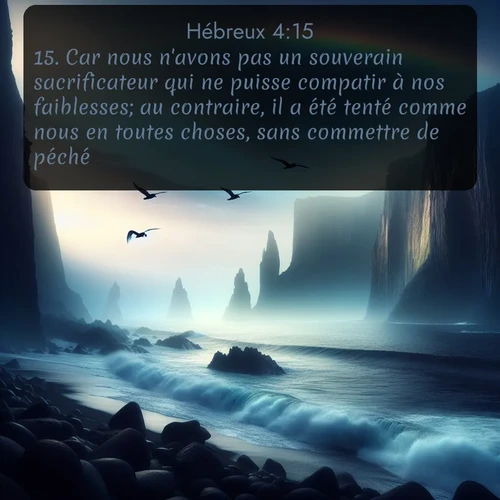 Segond Hébreux  ; image nature: image avec le verset biblique :Car nous n&#039;avons pas un souverain sacrificateur qui ne puisse compatir à nos faiblesses; au contraire, il a été tenté comme nous en toutes choses, sans commettre de péché. ;  ; 4:15