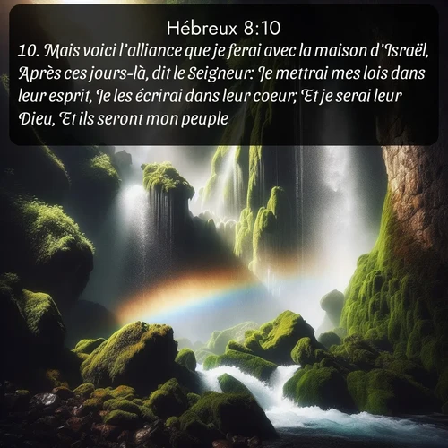 Segond Hébreux  ; image nature: image avec le verset biblique :Mais voici l&#039;alliance que je ferai avec la maison d&#039;Israël, Après ces jours-là, dit le Seigneur: Je mettrai mes lois dans leur esprit, Je les écrirai dans leur coeur; Et je serai leur Dieu, Et ils seront mon peuple. ;  ; 8:10