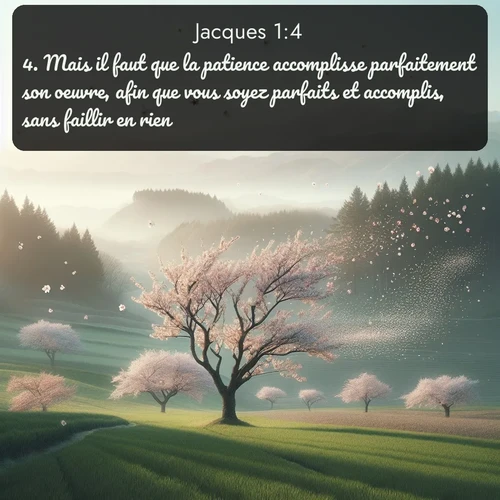 Segond Jacques  ; image nature: image avec le verset biblique :Mais il faut que la patience accomplisse parfaitement son oeuvre, afin que vous soyez parfaits et accomplis, sans faillir en rien. ;  ; 1:4
