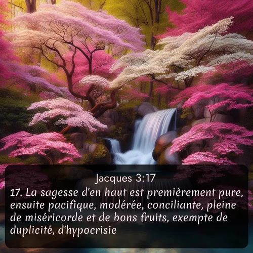 Segond Jacques  ; image nature: image avec le verset biblique :La sagesse d&#039;en haut est premièrement pure, ensuite pacifique, modérée, conciliante, pleine de miséricorde et de bons fruits, exempte de duplicité, d&#039;hypocrisie. ;  ; 3:17