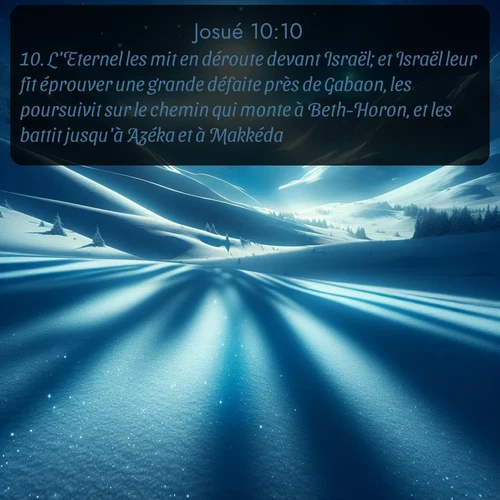Segond Josué  ; image nature: image avec le verset biblique :L&#039;Eternel les mit en déroute devant Israël; et Israël leur fit éprouver une grande défaite près de Gabaon, les poursuivit sur le chemin qui monte à Beth-Horon, et les battit jusqu&#039;à Azéka et à Makkéda. ;  ; 10:10