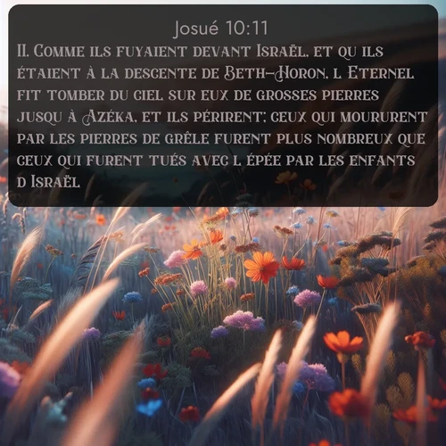 Segond Josué  ; image nature: image avec le verset biblique :Comme ils fuyaient devant Israël, et qu&#039;ils étaient à la descente de Beth-Horon, l&#039;Eternel fit tomber du ciel sur eux de grosses pierres jusqu&#039;à Azéka, et ils périrent; ceux qui moururent par les pierres de grêle furent plus nombreux que ceux qui furent tués avec l&#039;épée par les enfants d&#039;Israël. ;  ; 10:11