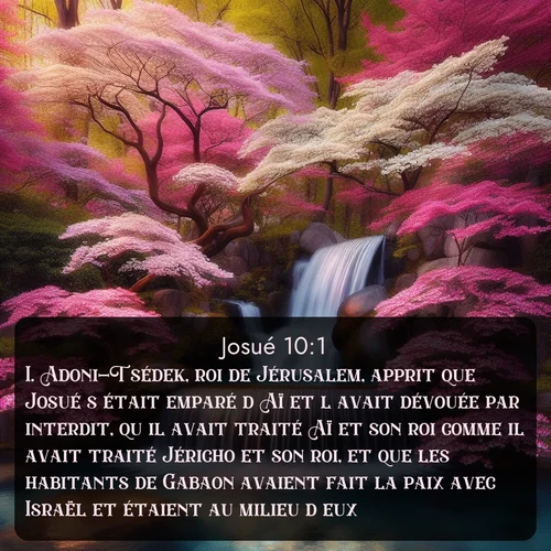 Segond Josué  ; image nature: image avec le verset biblique :Adoni-Tsédek, roi de Jérusalem, apprit que Josué s&#039;était emparé d&#039;Aï et l&#039;avait dévouée par interdit, qu&#039;il avait traité Aï et son roi comme il avait traité Jéricho et son roi, et que les habitants de Gabaon avaient fait la paix avec Israël et étaient au milieu d&#039;eux. ;  ; 10:1