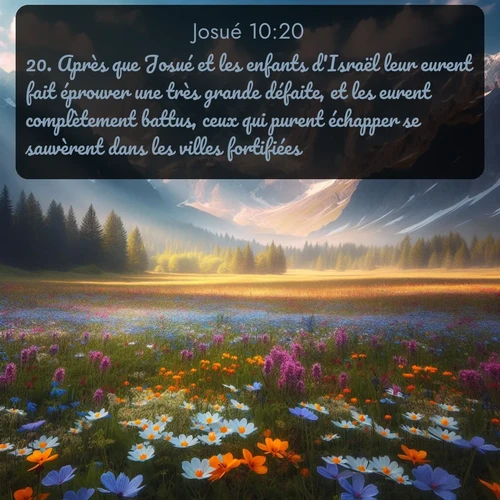 Segond Josué  ; image nature: image avec le verset biblique :Après que Josué et les enfants d&#039;Israël leur eurent fait éprouver une très grande défaite, et les eurent complètement battus, ceux qui purent échapper se sauvèrent dans les villes fortifiées, ;  ; 10:20