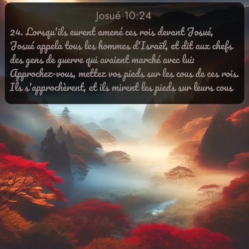 Segond Josué  ; image nature: image avec le verset biblique :Lorsqu&#039;ils eurent amené ces rois devant Josué, Josué appela tous les hommes d&#039;Israël, et dit aux chefs des gens de guerre qui avaient marché avec lui: Approchez-vous, mettez vos pieds sur les cous de ces rois. Ils s&#039;approchèrent, et ils mirent les pieds sur leurs cous. ;  ; 10:24