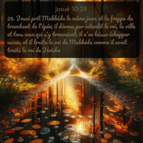 Segond Josué  ; image nature: image avec le verset biblique :Josué prit Makkéda le même jour, et la frappa du tranchant de l&#039;épée; il dévoua par interdit le roi, la ville et tous ceux qui s&#039;y trouvaient; il n&#039;en laissa échapper aucun, et il traita le roi de Makkéda comme il avait traité le roi de Jéricho. ;  ; 10:28