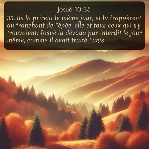 Segond Josué  ; image nature: image avec le verset biblique :Ils la prirent le même jour, et la frappèrent du tranchant de l&#039;épée, elle et tous ceux qui s&#039;y trouvaient; Josué la dévoua par interdit le jour même, comme il avait traité Lakis. ;  ; 10:35