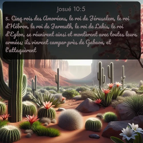 Segond Josué  ; image nature: image avec le verset biblique :Cinq rois des Amoréens, le roi de Jérusalem, le roi d&#039;Hébron, le roi de Jarmuth, le roi de Lakis, le roi d&#039;Eglon, se réunirent ainsi et montèrent avec toutes leurs armées; ils vinrent camper près de Gabaon, et l&#039;attaquèrent. ;  ; 10:5
