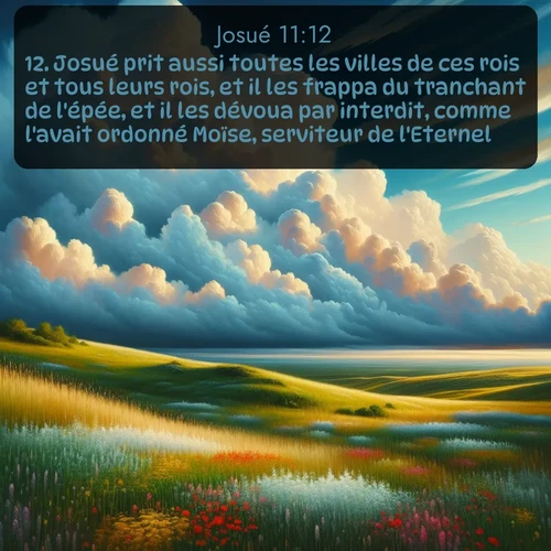 Segond Josué  ; image nature: image avec le verset biblique :Josué prit aussi toutes les villes de ces rois et tous leurs rois, et il les frappa du tranchant de l&#039;épée, et il les dévoua par interdit, comme l&#039;avait ordonné Moïse, serviteur de l&#039;Eternel. ;  ; 11:12