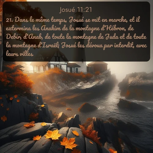 Segond Josué  ; image nature: image avec le verset biblique :Dans le même temps, Josué se mit en marche, et il extermina les Anakim de la montagne d&#039;Hébron, de Debir, d&#039;Anab, de toute la montagne de Juda et de toute la montagne d&#039;Israël; Josué les dévoua par interdit, avec leurs villes. ;  ; 11:21