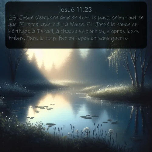 Segond Josué  ; image nature: image avec le verset biblique :Josué s&#039;empara donc de tout le pays, selon tout ce que l&#039;Eternel avait dit à Moïse. Et Josué le donna en héritage à Israël, à chacun sa portion, d&#039;après leurs tribus. Puis, le pays fut en repos et sans guerre. ;  ; 11:23