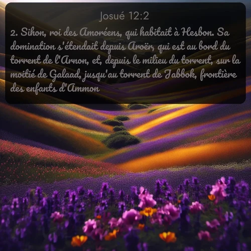 Segond Josué  ; image nature: image avec le verset biblique :Sihon, roi des Amoréens, qui habitait à Hesbon. Sa domination s&#039;étendait depuis Aroër, qui est au bord du torrent de l&#039;Arnon, et, depuis le milieu du torrent, sur la moitié de Galaad, jusqu&#039;au torrent de Jabbok, frontière des enfants d&#039;Ammon; ;  ; 12:2