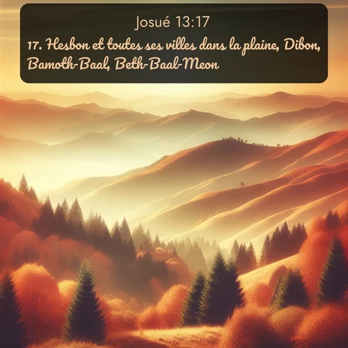 Segond Josué  ; image nature: image avec le verset biblique :Hesbon et toutes ses villes dans la plaine, Dibon, Bamoth-Baal, Beth-Baal-Meon, ;  ; 13:17