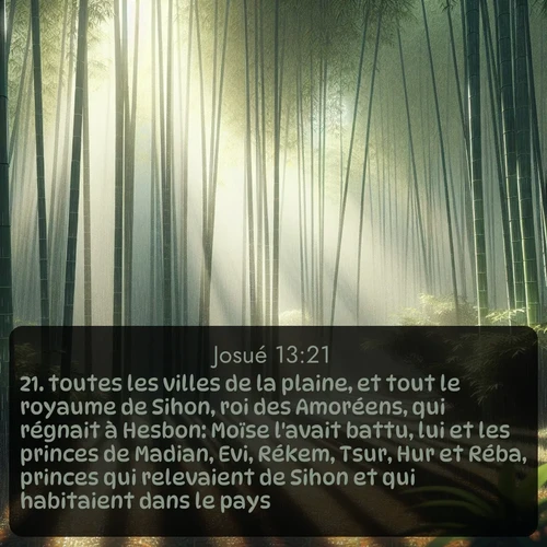 Segond Josué  ; image nature: image avec le verset biblique :toutes les villes de la plaine, et tout le royaume de Sihon, roi des Amoréens, qui régnait à Hesbon: Moïse l&#039;avait battu, lui et les princes de Madian, Evi, Rékem, Tsur, Hur et Réba, princes qui relevaient de Sihon et qui habitaient dans le pays. ;  ; 13:21