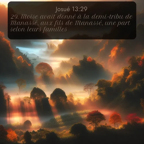 Segond Josué  ; image nature: image avec le verset biblique :Moïse avait donné à la demi-tribu de Manassé, aux fils de Manassé, une part selon leurs familles. ;  ; 13:29